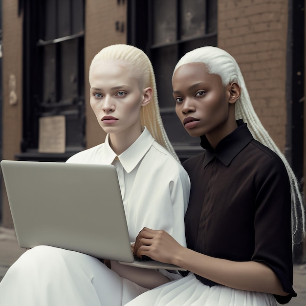 Colega de trabalho generativa de diversas mulheres da moda ao ar livre usando o computador juntas