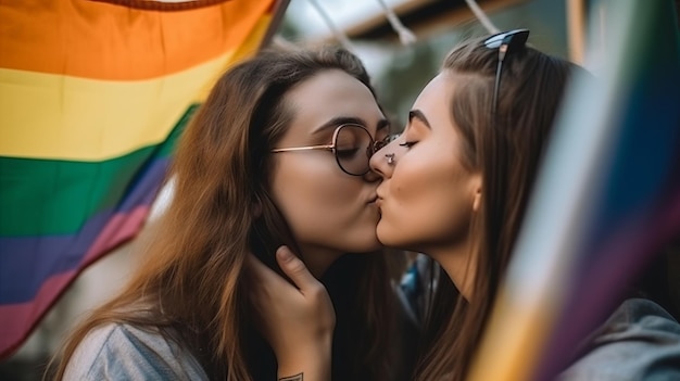 Foto colega lésbica beijando o fundo da bandeira lgbt generative ai