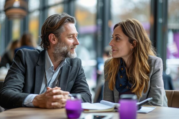 Foto colegas a discutir negócios num café.