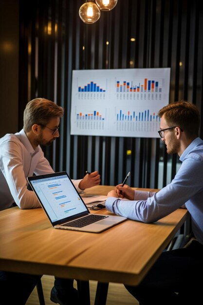 Foto colegas a discutirem dados empresariais no escritório