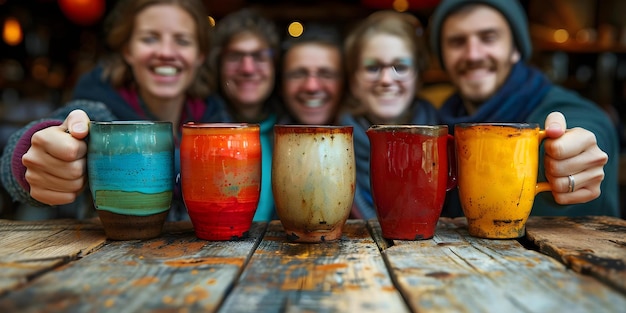 Colegas comemorando com brinde de café depois de alcançar um marco que simboliza o sucesso compartilhado no local de trabalho Conceito Celebração no local de traballo Equipe de realização Brinde de café marco de sucesso compartilhado