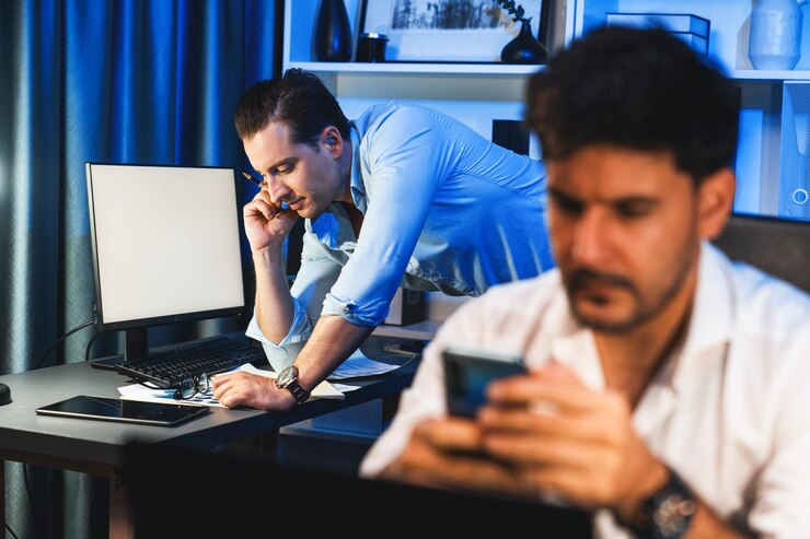 Foto los colegas se concentran en su tarea laboral por la noche en la oficina en casa detrás del escritorio mientras otro hombre con cara reflexiva resuelve posponer la fecha límite del proyecto en el lado delantero borroso vendible