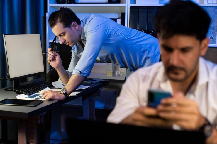 Foto colegas concentrándose en su tarea laboral por la noche oficina en el hogar vendible