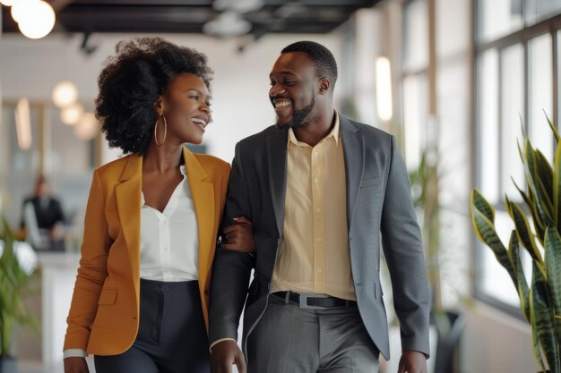 Foto colegas de negócios afro-americanos alegres conversam enquanto passeiam