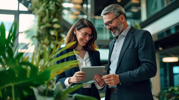 Colegas de negócios com IA de tablet Colaboração generativa em ambiente moderno