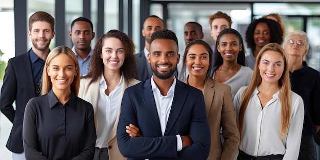 Colegas de negócios diversificados da geração Y liderados por um chefe negro posando para a câmera no panorama do escritório