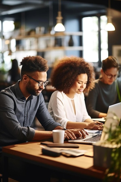 Colegas de negócios multiétnicos a trabalharem juntos à secretária num escritório de coworking