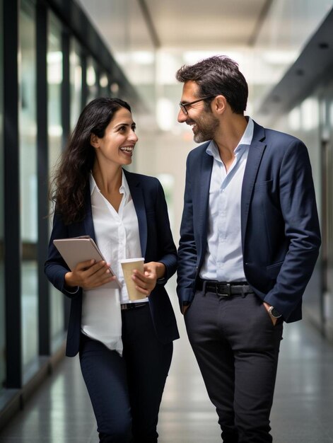 Foto colegas de negócios rindo e discutindo no corrido do escritório