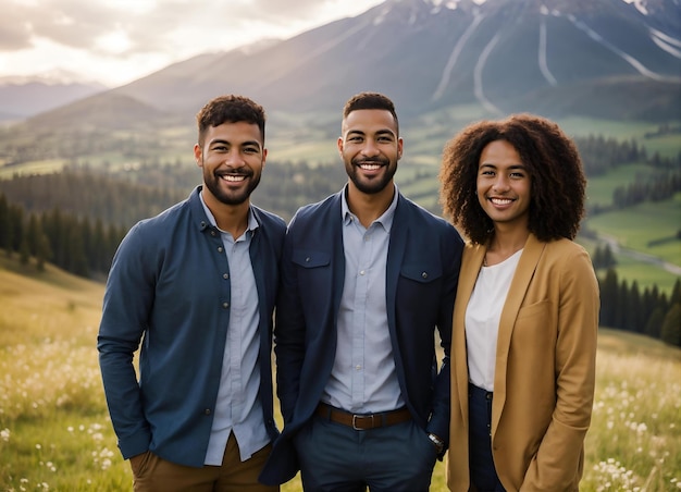 Foto colegas de pé juntos ao ar livre