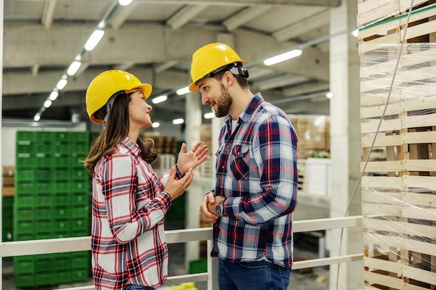 Colegas de trabalho com camisa xadrez e capacete protetor amarelo flertam no espaço isolado