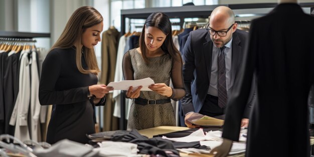 colegas de trabalho de marcas de moda discutindo o novo lançamento gerador de IA