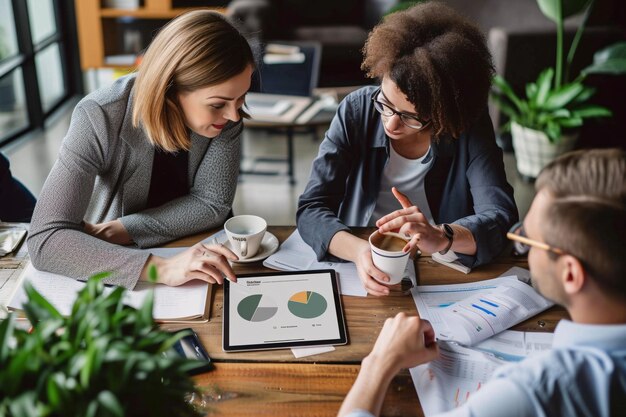 Foto colegas de trabalho estão usando tablet digital em uma reunião em um café