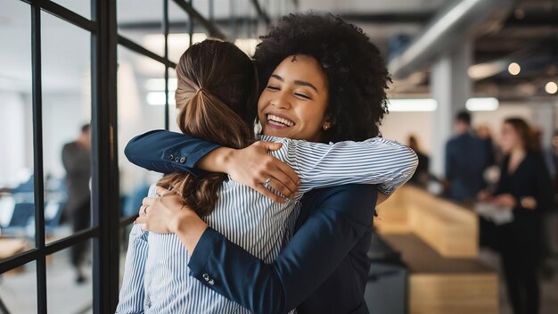 Foto colegas de trabalho felizes a abraçar-se.