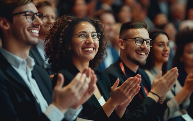 Foto colegas de trabalho sorrindo e aplaudindo em um evento de conferência realizado em um centro de convenções