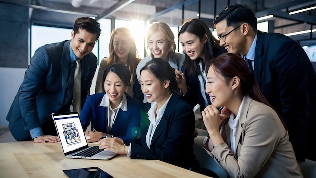 Colegas de trabalho sorrindo enquanto olham para o laptop