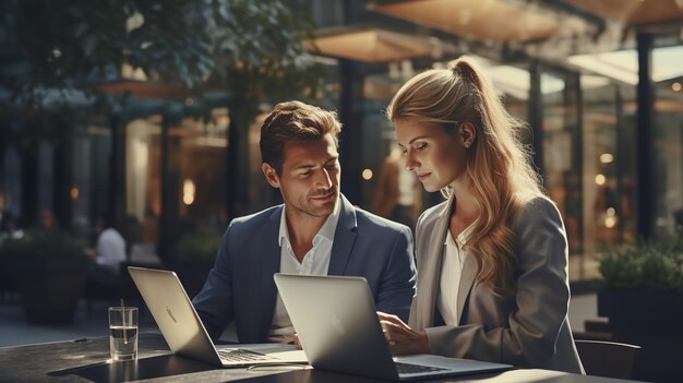 Colegas de trabalho usando laptop fora do escritório Ai generativo