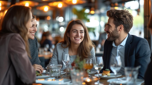 Colegas discutiendo estrategia de negocios en un restaurante IA generativa