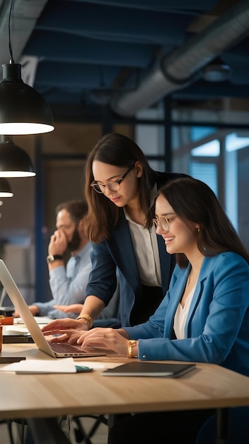 Colegas con dispositivos en el escritorio de trabajo