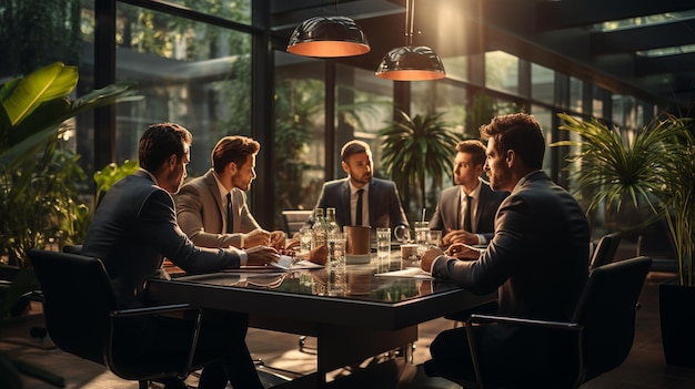 Colegas do sexo masculino discutindo em reunião no escritório moderno