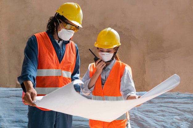 Colegas con equipo de seguridad trabajando con planos