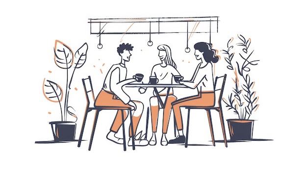 Colegas estão sentados no topo de um terraço desfrutando de café e conversando enquanto ilustrações de design de rabiscos são desenhadas em um estilo desenhado à mão