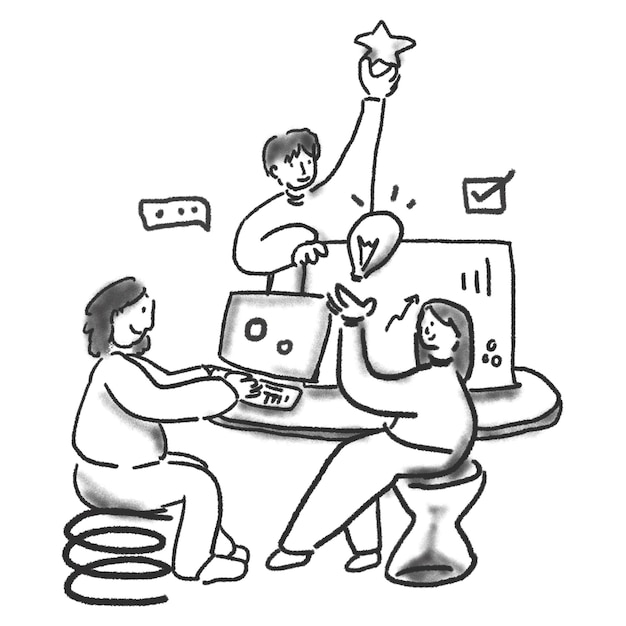 Colegas fazendo brainstorming de ideias png trabalho em equipe personagens rabiscando fundo transparente