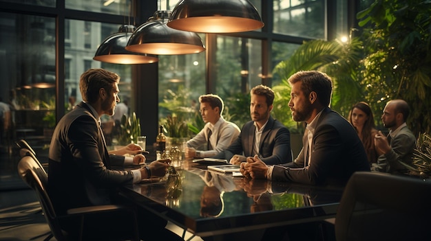 Colegas masculinos discutiendo en una reunión en la oficina moderna