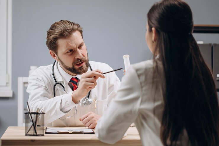 Colegas médicos discutiendo el tratamiento del paciente y la medicación adecuada