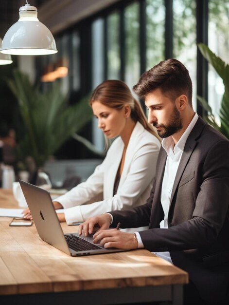 Foto colegas de negocios centrados trabajando en la computadora portátil en la oficina