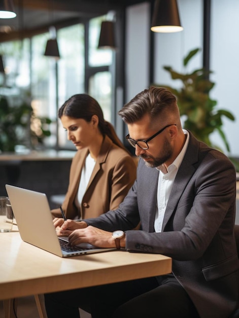 Foto colegas de negocios centrados trabajando en la computadora portátil en la oficina