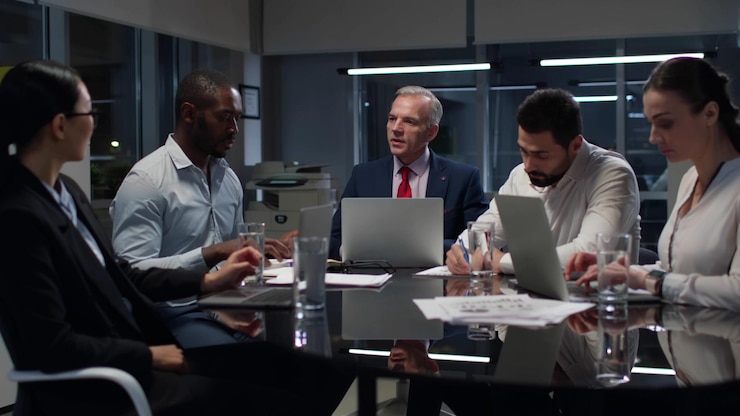 Los colegas de negocios multiétnicos discuten la estrategia financiera con una reunión en la oficina