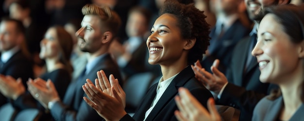 Colegas de negocios sonriendo y aplaudiendo en una conferencia celebrada en un centro de convenciones