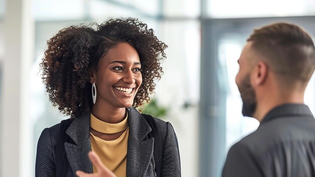 Foto colegas no escritório mulher de negócios e homem de negócios discutindo o trabalho no escritório