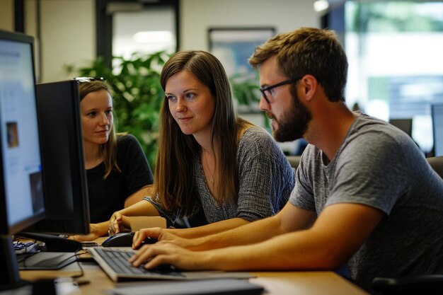 Colegas de oficina resolviendo problemas juntos en la computadora