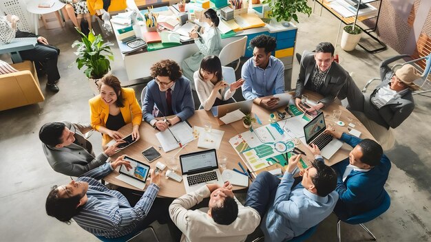 Colegas que trabajan juntos en una oficina utilizando dispositivos modernos durante una reunión creativa