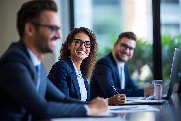 Foto colegas sonrientes en la sala de juntas en la oficina durante la reunión