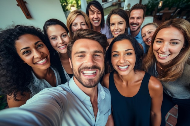 colegas tirando uma selfie em grupo em um evento social gerador de IA