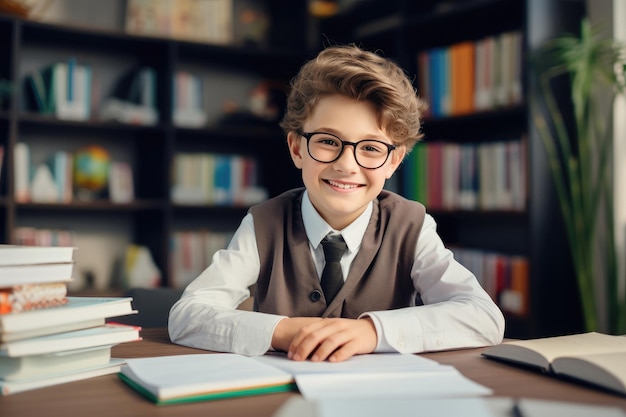 Un colegial alegre aprendiendo en un escritorio de clase