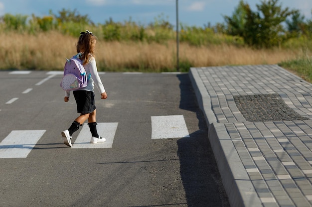 Colegial atravessa a estrada em uma passagem para pedestres