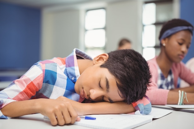 Colegial cansado durmiendo en el aula