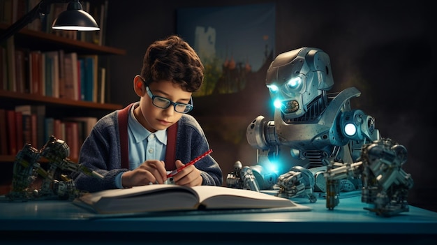 colegial caucásico estudiando ciencias con robot futurista