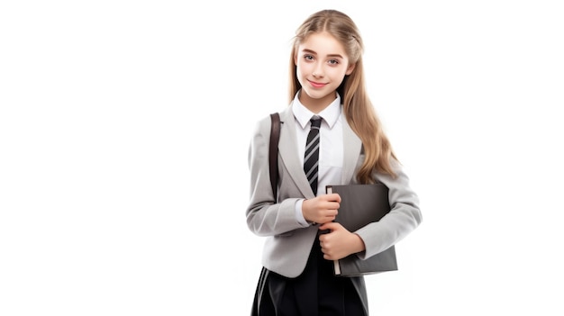 Colegial com livro e mochila isolados em fundo branco Criado com tecnologia Generative AI