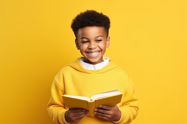 Colegial étnico feliz riendo con un libro sobre fondo de estudio amarillo IA generativa