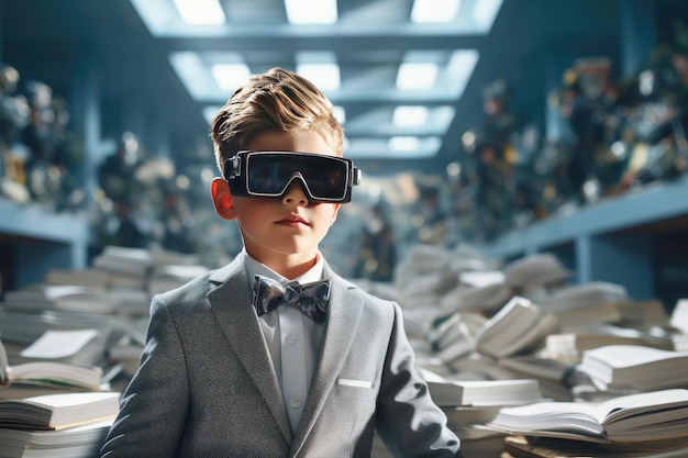 Un colegial con gafas vr entre un montón de libros El concepto de educación moderna