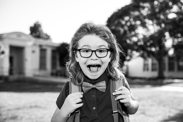 Colegial listo para estudiar educación y aprendizaje para niños retrato de alumno asombrado de primaria en la escuela...