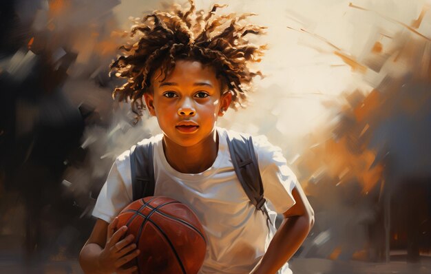 colegial mestizo con baloncesto mirando a la cámara en la cancha de baloncesto en la escuela