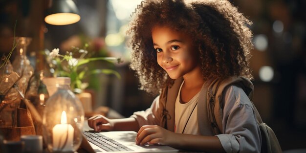 Foto colegial muito negra estudando lição de casa durante sua aula on-line em casa conceito de educação on-line estudante em casa escola on-line de volta às aulas