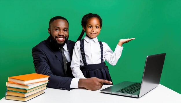 Una colegiala africana hace un gesto con la mano con su maestra.