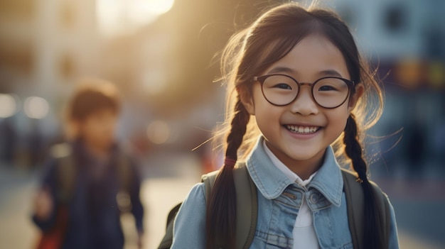 Una colegiala asiática con una mochila sonriendo