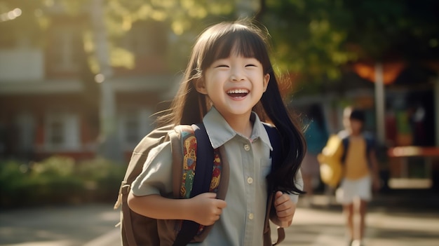 Colegiala asiática con mochila sonriendo